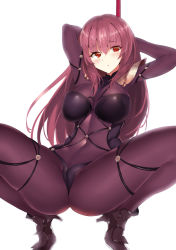 Rule 34 | 1girl, arms behind head, arms up, blush, bodysuit, breasts, cauldron, closed mouth, commentary request, covered navel, fate/grand order, fate (series), gae bolg (fate), high heels, holding, holding polearm, holding spear, holding weapon, large breasts, long hair, looking at viewer, moruchi (rinaka moruchi), polearm, purple bodysuit, purple hair, red eyes, scathach (fate), simple background, solo, spear, spread legs, squatting, very long hair, weapon, white background