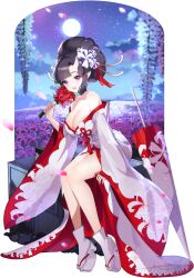 Rule 34 | 1girl, asymmetrical bangs, ayame (eversoul), bare legs, bare shoulders, blunt bangs, bouquet, breasts, cleavage, collarbone, dress, eversoul, field, flower, flower field, front slit, full body, full moon, game cg, geta, hair ornament, highres, holding, holding bouquet, horns, japanese clothes, large breasts, light blush, looking at viewer, loose clothes, moon, night, night sky, non-web source, off shoulder, official alternate costume, official alternate hairstyle, official art, petals, platform clogs, pointy ears, purple eyes, purple hair, red flower, single horn, sitting, sky, socks, solo, spider lily, star (sky), starry sky, tachi-e, transparent background, umbrella, white dress, white flower, white socks, white umbrella