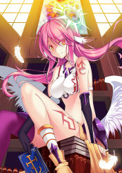 Rule 34 | + +, 10s, 1girl, absurdres, angel wings, asymmetrical legwear, book, boy30422, breasts, spiked halo, feathered wings, gloves, halo, highres, jibril (no game no life), long hair, looking at viewer, low wings, magic circle, midriff, no game no life, pink hair, sitting, smile, solo, thighhighs, uneven legwear, white wings, wings, yellow eyes