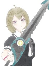 Rule 34 | 1girl, absurdres, ahoge, assault lily, black skirt, breasts, brown hair, closed mouth, commentary request, cropped jacket, green eyes, hand up, highres, holding, holding sword, holding weapon, light blush, looking at viewer, medium breasts, mole, mole under eye, multicolored eyes, pickles (picpicpickles), pink ribbon, puffy short sleeves, puffy sleeves, purple eyes, ribbon, school uniform, seike tomoyo, shirt, short hair, short sleeves, simple background, skirt, smile, solo, sword, underboob, upper body, weapon, white background, white shirt, wrist ribbon, yurigaoka girls academy school uniform