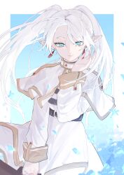 Rule 34 | 1girl, absurdres, aqua eyes, capelet, closed mouth, earrings, frieren, hand up, highres, himey, jewelry, long hair, pointy ears, shirt, solo, sousou no frieren, twintails, white capelet, white hair, white shirt