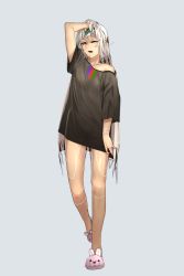 Rule 34 | 1girl, altera (fate), black shirt, breasts, dark skin, dark-skinned female, fate/grand order, fate (series), full body, full-body tattoo, hand in own hair, headband, highres, i-pan, looking at viewer, off-shoulder shirt, off shoulder, one eye closed, open mouth, red eyes, shirt, short hair, short sleeves, simple background, slippers, small breasts, solo, tattoo, veil, white hair, yawning