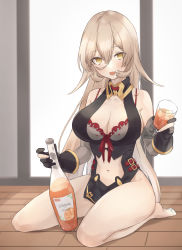 Rule 34 | 1girl, absurdres, aodake (winter1517), barefoot, black dress, black gloves, blonde hair, bottle, breasts, clothing cutout, commentary request, cup, detached sleeves, dress, gloves, hair between eyes, highres, holding, holding bottle, holding cup, large breasts, long hair, looking at viewer, navel cutout, nijisanji, nui sociere, nui sociere (1st costume), on floor, parted lips, partially fingerless gloves, sitting, sleeveless, sleeveless dress, solo, very long hair, virtual youtuber, yellow eyes