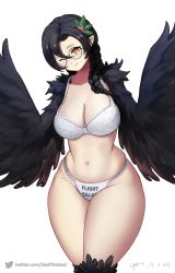 Rule 34 | 1girl, absurdres, bird legs, black feathers, black hair, black wings, blush, bra, braid, breasts, cleavage, clothes writing, curvy, dated, feathered wings, feathers, gad the god, glasses, hair ornament, harpy, highres, karasu tengu (monster girl encyclopedia), large breasts, midriff, monster girl, monster girl encyclopedia, navel, one eye closed, pointy ears, red eyes, simple background, solo, twitter username, underwear, white background, white bra, winged arms, wings
