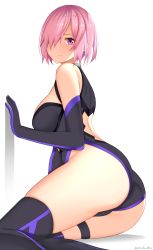 Rule 34 | 1girl, arind yudha, ass, bare shoulders, black leotard, black thighhighs, blush, breasts, elbow gloves, fate/grand order, fate (series), gloves, hair over one eye, highleg, highleg leotard, highres, large breasts, leotard, light purple hair, looking at viewer, mash kyrielight, purple eyes, purple gloves, short hair, smile, solo, thigh strap, thighhighs, thighs