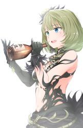 Rule 34 | 1girl, bare shoulders, black dress, black gloves, blue eyes, bottle, clothing cutout, commentary request, dress, elbow gloves, gloves, gomennasai, green eyes, green hair, heterochromia, highres, holding, holding bottle, idolmaster, idolmaster cinderella girls, medium hair, mole, mole under eye, navel, open mouth, pinky out, single elbow glove, solo, stomach cutout, takagaki kaede, white background