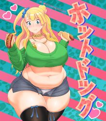 Rule 34 | 1girl, asymmetrical hair, bad id, bad pixiv id, bare shoulders, belly, black thighhighs, blonde hair, blush, breasts, choker, cleavage, closed mouth, cowboy shot, crop top, eating, fat, galko, green eyes, hair bun, highres, hot dog, huge breasts, jewelry, long hair, long sleeves, midriff, navel, necklace, open fly, oshiete! galko-chan, panties, plump, shorts, side ponytail, single hair bun, solo, striped, striped background, thighhighs, toroboro, two-tone background, underwear, wide hips
