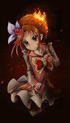 Rule 34 | 00s, 1girl, bike shorts, bike shorts under skirt, brown eyes, bug, butterfly, cure rouge, darkness, dress, eyelashes, fiery hair, fire, flower, gloves, hair ribbon, insect, magical girl, maryu, natsuki rin, orange hair, precure, red flower, red rose, red theme, ribbon, rose, short hair, shorts, shorts under skirt, smile, solo, yes! precure 5