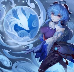 Rule 34 | 1girl, absurdres, ahoge, bare shoulders, bell, black gloves, black pantyhose, blue hair, breasts, chinese knot, ddog, detached sleeves, flower knot, ganyu (genshin impact), genshin impact, gloves, gold trim, highres, horns, large breasts, long hair, looking at another, magic, neck bell, orb, pantyhose, parted lips, purple eyes, qilin (mythology), sidelocks, solo, tassel, thighlet, vision (genshin impact), white sleeves, wind