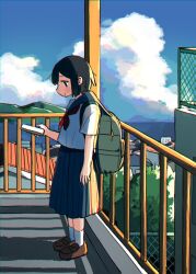 Rule 34 | 1girl, backpack, bag, black hair, blue sky, brown footwear, cellphone, city, cloud, commentary, day, from side, full body, grey bag, grey sailor collar, grey skirt, highres, holding, holding phone, house, loafers, mamei mema, neckerchief, original, outdoors, phone, pleated skirt, profile, railing, red neckerchief, sailor collar, sailor shirt, school uniform, serafuku, shirt, shoes, short hair, short sleeves, skirt, sky, smartphone, socks, solo, standing, white shirt, white socks
