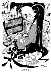 Rule 34 | 1girl, bamboo, black hair, book, bottle, branch, chips (food), chopsticks, computer, condom, controller, dark souls (series), dark souls i, dated, food, fujiwara no mokou, game console, game controller, greyscale, handheld game console, health bar, heran hei mao, highres, hong meiling, houraisan kaguya, jeweled branch of hourai, keyboard (computer), long hair, long sleeves, looking at viewer, monochrome, moon, mouse (computer), night, night sky, nintendo switch, playstation 4, playstation controller, playstation portable, potato chips, seiza, sideways glance, sitting, skirt, sky, socks, tissue box, touhou, used condom, wide sleeves