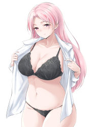 Rule 34 | 1girl, black bra, black panties, blush, bra, breasts, cleavage, closed mouth, collarbone, dress shirt, groin, highres, kantai collection, lace, large breasts, long hair, long sleeves, looking at viewer, luigi di savoia duca degli abruzzi (kancolle), multicolored hair, navel, open clothes, open shirt, panties, parted bangs, pink eyes, pink hair, shirt, simple background, smile, solo, stomach, takomeshi, thighs, underwear, white background, white shirt