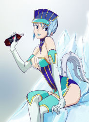 Rule 34 | 10s, 1girl, artist request, bare shoulders, blue eyes, blue hair, blue rose (tiger &amp; bunny), breasts, earrings, elbow gloves, female focus, gloves, gradient background, jewelry, karina lyle, lipstick, makeup, matching hair/eyes, pepsi, product placement, short hair, solo, thighhighs, tiger &amp; bunny