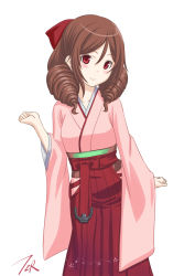 Rule 34 | 1girl, artist logo, bow, brown hair, drill hair, hair bow, hakama, hakama skirt, harukaze (kancolle), highres, japanese clothes, kantai collection, kimono, leaning forward, looking at viewer, meiji schoolgirl uniform, pink kimono, red bow, red eyes, red hakama, simple background, skirt, solo, t2r, twin drills, white background