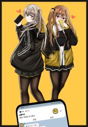 Rule 34 | 2girls, absurdres, black border, black jacket, black pantyhose, black skirt, blush, border, breasts, brown hair, cellphone, chat log, closed mouth, collarbone, girls&#039; frontline, hair ornament, hairclip, hand in pocket, heart, heart print, highres, holding, holding phone, hood, hooded jacket, jacket, light brown hair, long hair, looking at viewer, multicolored clothes, multicolored jacket, multiple girls, open clothes, open jacket, paaam, pantyhose, phone, red eyes, scar, scar across eye, scar on face, side ponytail, skirt, smartphone, standing, twintails, ump45 (girls&#039; frontline), ump9 (girls&#039; frontline), yellow background, yellow eyes