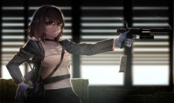 Rule 34 | 1girl, absurdres, ar-15, assault rifle, aviator sunglasses, backlighting, bad id, bad pixiv id, black choker, black jacket, black skirt, blazer, blurry, breasts, brown-tinted eyewear, brown eyes, brown hair, buckle, choker, cleavage, closed mouth, collarbone, commentary request, cover, depth of field, gloves, gun, gun sling, handgun, highres, holding, holding gun, holding weapon, ihobus, indoors, jacket, jewelry, korean commentary, long sleeves, magazine (weapon), medium breasts, open clothes, open jacket, original, rifle, scope, shirt, shirt tucked in, short hair, skirt, smoke, snap-fit buckle, solo, standing, strap, striped clothes, striped jacket, sunglasses, tinted eyewear, usp-45, weapon, white gloves, window, window blinds, yellow shirt