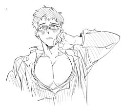 Rule 34 | 1boy, bespectacled, blush, collarbone, glasses, greyscale, idolmaster, idolmaster side-m, long sleeves, looking at viewer, male focus, monochrome, official alternate costume, open mouth, pectorals, shingen seiji, short hair, simple background, solo, upper body, white background
