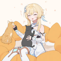 Rule 34 | 1girl, animal, animal on lap, bare shoulders, black cat, black gloves, blonde hair, cat, cat on lap, closed eyes, commentary request, dress, feather hair ornament, feathers, feet out of frame, flower, genshin impact, gloves, hair flower, hair ornament, highres, knees together feet apart, lumine (genshin impact), on lap, open clothes, orange cat, partially fingerless gloves, petting, q (oshikuraq), short hair with long locks, sitting, solo, vambraces, white dress, white footwear, white sleeves, wrist cuffs