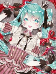 Rule 34 | 1055, 1girl, :d, absurdres, ahoge, aqua eyes, aqua hair, beige shirt, black gloves, black ribbon, buttons, candy, center frills, chocolate, collared shirt, commentary, crown, detached sleeves, food, frilled shirt collar, frilled sleeves, frills, gloves, hair between eyes, hair ribbon, hand up, hatsune miku, heart, heart-shaped food, heart-shaped lollipop, high-waist skirt, highres, holding, holding food, jewelry, lace, lace-trimmed gloves, lace trim, light particles, lollipop, long hair, mini crown, neck ribbon, necklace, open mouth, pink skirt, puffy detached sleeves, puffy short sleeves, puffy sleeves, red ribbon, ribbon, shaped lollipop, shirt, short sleeves, skirt, smile, solo, striped clothes, striped skirt, tilted headwear, twintails, upper body, valentine, vertical-striped clothes, vertical-striped skirt, vocaloid
