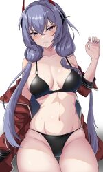 Rule 34 | 1girl, absurdres, bikini, black bikini, blush, breasts, cameltoe, cleavage, collarbone, counter:side, groin, hair ornament, highres, large breasts, lenore (counter:side), long hair, looking at viewer, nail polish, navel, purple hair, royalmonkey, solo, sweat, swimsuit, white background