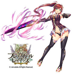 Rule 34 | 1girl, armpits, brave girl ravens, breasts, cleavage, copyright name, elbow gloves, full body, gloves, green eyes, hair ornament, holding, holding sword, holding weapon, horosuke, large breasts, logo, long hair, looking at viewer, mavis (brave girl ravens), navel, official art, open mouth, original, panties, simple background, solo, sword, thighhighs, underwear, weapon, white background