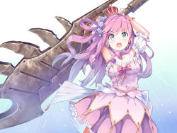 Rule 34 | 1girl, arm cuffs, armpits, arms up, blue background, blue hair, bow, bracelet, breasts, cleavage, commentary, cowboy shot, crescent, crescent earrings, crown, dress, earrings, frilled skirt, frills, gradient background, gradient hair, green eyes, hair bow, heterochromia, highres, himemori luna, himemori luna (1st costume), hololive, jewelry, long hair, looking at viewer, medium breasts, mini crown, mogmog, monster hunter, monster hunter: world, monster hunter (series), multicolored hair, off-shoulder dress, off shoulder, open mouth, over shoulder, oversized object, parody, pink dress, pink hair, pink skirt, purple eyes, side ponytail, simple background, skirt, solo, sword, two-tone hair, virtual youtuber, weapon, weapon over shoulder, white background