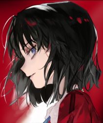 Rule 34 | 1girl, blue kimono, brown hair, commentary, eyebrows hidden by hair, grin, hair between eyes, jacket, japanese clothes, kara no kyoukai, kimono, long sleeves, looking at viewer, multicolored eyes, open mouth, rainbow eyes, red background, red jacket, ryougi shiki, shihpa, short hair, smile, solo, type-moon, white background