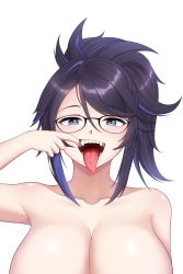 Rule 34 | 1girl, absurdres, black hair, blue eyes, blue hair, breasts, cleavage, fangs, finger in own mouth, glasses, highres, indie virtual youtuber, kson, large breasts, looking at viewer, mole, mole under eye, multicolored hair, nude, open mouth, oral invitation, out-of-frame censoring, piercing, ponytail, saliva, simple background, solo, teeth, tongue, tongue out, tongue piercing, two-tone hair, upper body, uvula, virtual youtuber, white background, yisusjpl