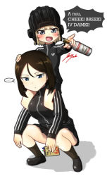 Rule 34 | ..., 2girls, adidas, alcohol, alternate costume, black track suit, blonde hair, blue eyes, blush, bottle, breasts, brown hair, carrying, english text, flat chest, girls und panzer, gopnik, hair between eyes, hand on another&#039;s head, helmet, highres, holding, holding bottle, jazz jack, katyusha (girls und panzer), medium breasts, meme, multiple girls, nonna (girls und panzer), notebook, pointing, pointing forward, shoulder carry, signature, skirt, slav squatting, squatting, stolichnaya (vodka), striped, track suit, vodka