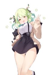 Rule 34 | 1girl, absurdres, antlers, black skirt, branch, breasts, cardigan, cat, center frills, ceres fauna, ceres fauna (jirai kei), cleavage, dress shirt, feet out of frame, flower, frills, from below, gluteal fold, green hair, hair flower, hair ornament, highres, hololive, hololive english, horns, large breasts, long hair, looking at viewer, miniskirt, namiorii, open mouth, panties, panty peek, pantyshot, shirt, simple background, skirt, smile, snail (ceres fauna), solo, standing, standing on one leg, suspender skirt, suspenders, thigh gap, two side up, underwear, virtual youtuber, w, white background, yellow eyes