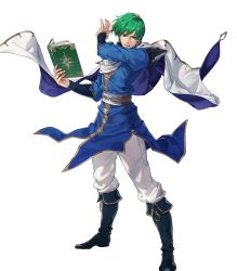 Rule 34 | 1boy, belt, book, boots, cape, ced (fire emblem), fire emblem, fire emblem: genealogy of the holy war, fire emblem heroes, full body, green eyes, green hair, highres, holding, holding book, male focus, matching hair/eyes, nintendo, official art, open mouth, solo, suda ayaka, teeth, transparent background