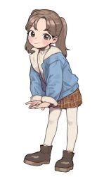 Rule 34 | 1girl, absurdres, blush, boots, brown eyes, brown footwear, brown hair, brown skirt, child, full body, fur-trimmed jacket, fur trim, highres, jacket, long hair, long sleeves, looking at viewer, opossumachine, original, own hands together, parted hair, plaid, plaid skirt, pleated skirt, simple background, sketch, skirt, smile, solo, sweater, turtleneck, turtleneck sweater, twintails, white background, white sweater
