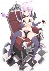 Rule 34 | 1girl, alcohol, bat wings, bikini, black bikini, blue archive, chair, checkered floor, cloba, cup, drinking glass, halo, highres, holding, holding cup, long hair, mouse (animal), on chair, pink eyes, pink hair, purple thighhighs, simple background, stomach tattoo, swimsuit, tattoo, thighhighs, toes, twintails, twintails day, white background, wine, wine glass, wings