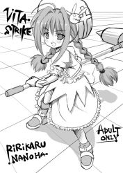Rule 34 | 00s, 1girl, :d, beret, braid, dress, graf eisen, greyscale, hair ornament, hammer, hat, holding, holding weapon, long hair, looking at viewer, lyrical nanoha, mahou shoujo lyrical nanoha, mahou shoujo lyrical nanoha a&#039;s, monochrome, open mouth, pikazo, puffy short sleeves, puffy sleeves, rabbit hair ornament, short sleeves, smile, solo, spikes, standing, twin braids, very long hair, vita (nanoha), weapon