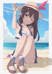 Rule 34 | 1girl, absurdres, arm support, arm up, beach, bikini, blue bow, blue sky, blurry, blurry background, border, bow, bracelet, breasts, brown footwear, brown hair, cloud, cloudy sky, collarbone, commentary, day, depth of field, eyelashes, feet, frilled bikini, frills, full body, grey border, hair ornament, hat, hat bow, hat ribbon, head tilt, highres, hololive, hololive summer 2023 swimsuit, jewelry, junky (nono kanata), knees up, legs, long hair, medium breasts, ocean, on ground, one eye closed, outdoors, pink bow, pink ribbon, ribbon, sandals, sitting, sky, solo, straw hat, striped bikini, striped clothes, swimsuit, symbol-only commentary, teeth, thigh strap, thighs, toeless footwear, toenails, toes, tokino sora, virtual youtuber