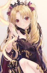 Rule 34 | 1girl, asymmetrical sleeves, black nails, blonde hair, cape, cloak, earrings, ereshkigal (fate), fate/grand order, fate (series), gold trim, highres, hoop earrings, infinity symbol, jewelry, long hair, nail polish, nattsu (nattu888 8), parted bangs, pout, red cape, red cloak, red eyes, single sleeve, single thighhigh, skull, solo, spine, thighhighs, tiara, two side up, uneven sleeves, very long hair