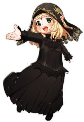 Rule 34 | 1girl, absurdres, black dress, blonde hair, blush, dress, facing viewer, final fantasy, final fantasy xiv, forehead jewel, full body, gold trim, green eyes, highres, lalafell, long hair, open mouth, outstretched arm, pointy ears, sakura chiyo (konachi000), solo, white background