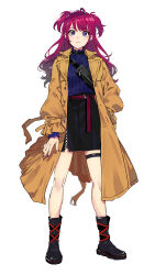 1girl ahoge arisaka_ako bag belt black_footwear black_skirt blue_eyes blue_sweater blush boots closed_mouth coat full_body highres long_hair long_sleeves looking_at_viewer mole mole_under_eye nail_polish open_clothes open_coat original puffy_long_sleeves puffy_sleeves purple_belt purple_hair purple_nails simple_background skirt solo standing sweater thigh_strap two_side_up white_background yellow_coat