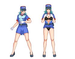 Rule 34 | 1girl, black bra, black panties, bra, breasts, cleavage, clothes lift, creatures (company), cuffs, game freak, gloves, green hair, hand on own hip, handcuffs, hat, hip focus, jenny (pokemon), large breasts, lips, long legs, miniskirt, nintendo, open clothes, open shirt, panties, pencil skirt, pikuretto, pixel art, pokemon, pokemon (anime), pokemon (classic anime), police, police uniform, policewoman, self-upload, skirt, skirt lift, solo, underwear, uniform, white gloves