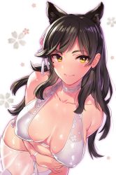 Rule 34 | 1girl, animal ears, atago (azur lane), atago (summer march) (azur lane), azur lane, bikini, black hair, blush, breasts, cleavage, collarbone, commentary request, hands up, highres, large breasts, long hair, looking at viewer, mole, mole under eye, navel, open mouth, sarong, see-through, simple background, solo, standing, swept bangs, swimsuit, teeth, tenka butu, undressing, very long hair, white background, white bikini, yellow eyes