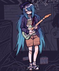 1girl alternate_costume artist_name bandaid bandaid_on_knee bandaid_on_leg beanie blue_hair brown_shorts capo_(guitar) cigarette closed_eyes commentary electric_guitar english_commentary full_body glasses guitar hair_over_one_eye hat hatsune_miku highres holding holding_guitar holding_instrument indoors instrument long_hair long_sleeves loose_socks megrocks monochrome_background nail_polish open_clothes open_shirt plaid_clothes plaid_skirt print_shirt purple_shirt shirt shoelaces shoes shorts skirt smoke smoking sneakers socks solo_focus standing twintails very_long_hair vocaloid white_socks worldwide_miku