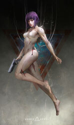 Rule 34 | 1girl, absurdres, barefoot, breasts, cable, commentary, commission, cyberpunk, cyborg, english commentary, english text, feet, ghost in the shell, gun, handgun, highres, holding, holding gun, holding weapon, kusanagi motoko, legs, lips, looking at viewer, machinery, mechanical parts, medium breasts, purple hair, realistic, red eyes, science fiction, thedurianart, title, toenails, toes, weapon, wire