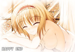 Rule 34 | 1girl, alice margatroid, bad id, bad pixiv id, bed, bed sheet, blonde hair, breasts, english text, closed eyes, female focus, good end, hairband, huge breasts, large breasts, lying, naked sheet, nekoman (nukomann), short hair, smile, solo, touhou