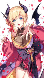 Rule 34 | 1girl, bad id, bad twitter id, bare shoulders, blonde hair, blue eyes, blush, breasts, cleavage, commentary, cowboy shot, demon horns, demon wings, floral print, gradient hair, hair bun, highres, hololive, horns, japanese clothes, kimono, large breasts, long sleeves, looking at viewer, multicolored hair, nardack, obi, open mouth, petals, pointy ears, print kimono, red hair, red kimono, sash, see-through, see-through cleavage, side bun, signature, simple background, single hair bun, single side bun, solo, standing, symbol-only commentary, teeth, upper teeth only, virtual youtuber, white background, wings, yuzuki choco, yuzuki choco (new year)