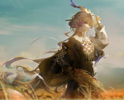 Rule 34 | 1girl, arknights, arm up, bare shoulders, commentary request, cowboy shot, dragon girl, dragon horns, dragon tail, hair intakes, highres, holding wheat, horns, jacket, koio, long hair, long sleeves, looking at viewer, off shoulder, open clothes, open jacket, outdoors, parted lips, pointy ears, shu (arknights), smile, solo, strapless, tail, tube top, very long hair, wheat field, white jacket, white tube top