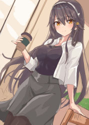 Rule 34 | 1girl, anchor necklace, black hair, black pantyhose, black shirt, blush, breasts, brown eyes, commentary, cup, from below, gensoukitan, grey skirt, hair between eyes, hair ornament, hairband, hairclip, haruna (kancolle), highres, holding, holding cup, jacket, kantai collection, large breasts, long hair, long skirt, looking at viewer, necklace, official alternate costume, pantyhose, shirt, skirt, smile, solo, unfinished, white hairband, white jacket