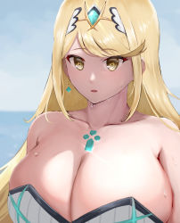 Rule 34 | 1girl, :o, bare shoulders, blonde hair, breasts, cleavage, collarbone, competition swimsuit, dripping, earrings, highres, huge breasts, jewelry, long hair, looking at viewer, mythra (radiant beach) (xenoblade), mythra (xenoblade), nayutayutautau, one-piece swimsuit, outdoors, sidelocks, solo, strapless, strapless one-piece swimsuit, swept bangs, swimsuit, tiara, upper body, wet, white one-piece swimsuit, xenoblade chronicles (series), xenoblade chronicles 2, yellow eyes