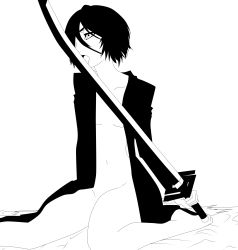 Rule 34 | 1girl, absurdres, bankai, barefoot, black hair, bleach, bottomless, breasts, cleavage, collarbone, feet, female focus, highres, holding, holding sword, holding weapon, kitsune23star, kuchiki rukia, legs, licking, long sleeves, monochrome, navel, neck, no bra, no panties, open clothes, short hair, simple background, sitting, small breasts, solo, sword, tensa zangetsu, toes, tongue, weapon, white background