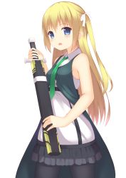 Rule 34 | 1girl, bad id, bad pixiv id, bare arms, bare shoulders, black pantyhose, black skirt, blonde hair, blue eyes, breasts, collared shirt, cowboy shot, frilled skirt, frills, green necktie, hair ribbon, highres, holding, holding sheath, holding sword, holding weapon, layered skirt, long hair, looking at viewer, microskirt, necktie, one side up, open mouth, original, pantyhose, ribbon, scabbard, sheath, sheathed, shirt, simple background, skirt, sleeveless, sleeveless shirt, small breasts, solo, standing, sword, tareme, usagino suzu, weapon, white background, white ribbon, white shirt