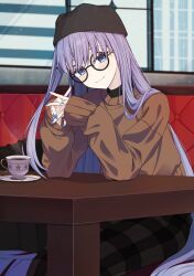Rule 34 | 1girl, absurdres, beanie, black hat, black pants, blue eyes, blush, breasts, brown sweater, contemporary, cup, fate/extra, fate/extra ccc, fate/grand order, fate (series), glasses, hat, highres, kake udon, long hair, long sleeves, looking at viewer, meltryllis (fate), pants, purple hair, round eyewear, saucer, sitting, small breasts, smile, solo, sweater, table, teacup, very long hair